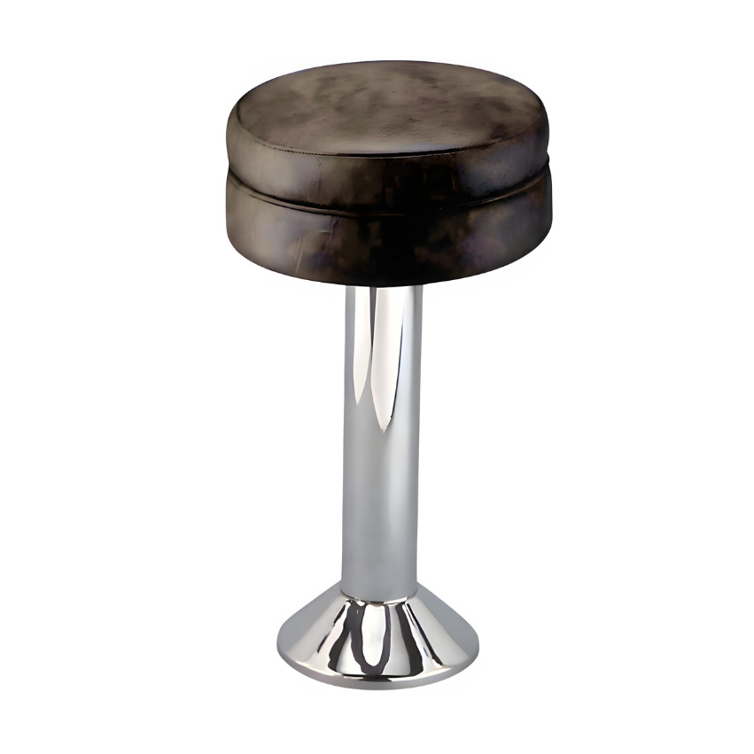 Porcini Brown Winslow bolted bar stool featuring a sleek compact seat and a permanent floor-mounted chrome base for commercial stability