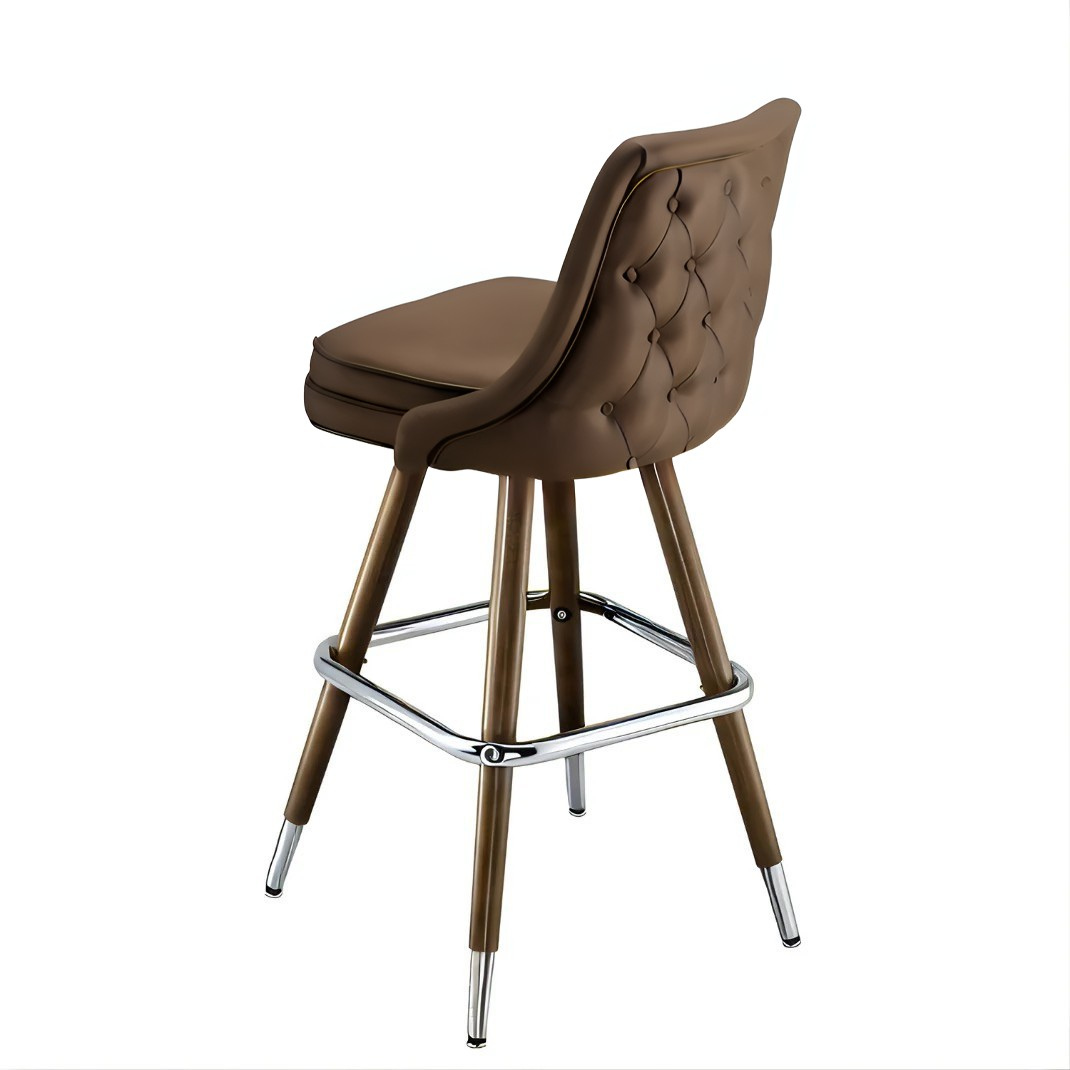 Porcini Tufted rolled edge modern bar stool featuring performance upholstery seat diamond buttons with brown metal and silver legs