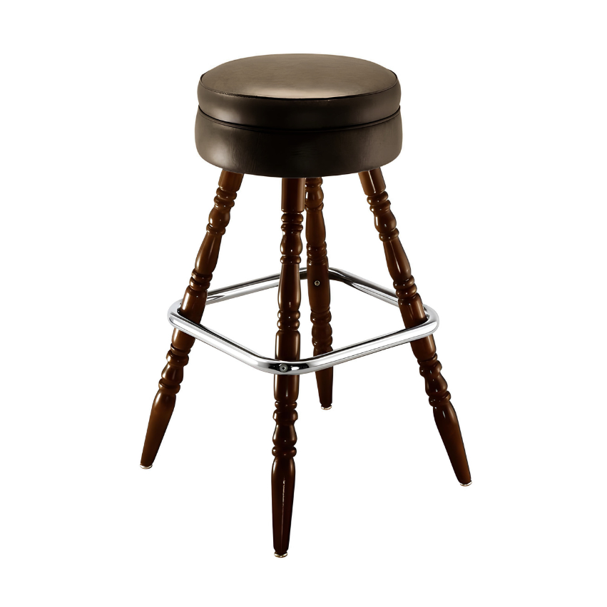 Brown upholstered bar stool with round seat, chrome footrest, turned wooden legs