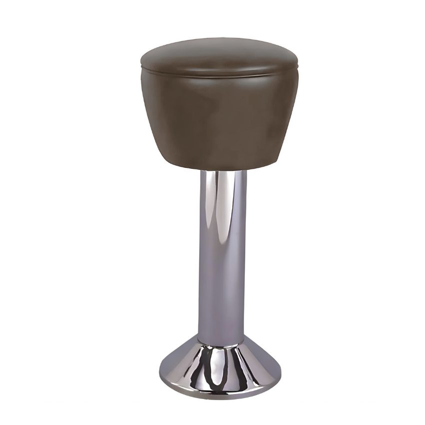 Porcini brown Regent bolted bar stool featuring a gentle upholstered seat and a permanent floor-mounted chrome base for dependable stability
