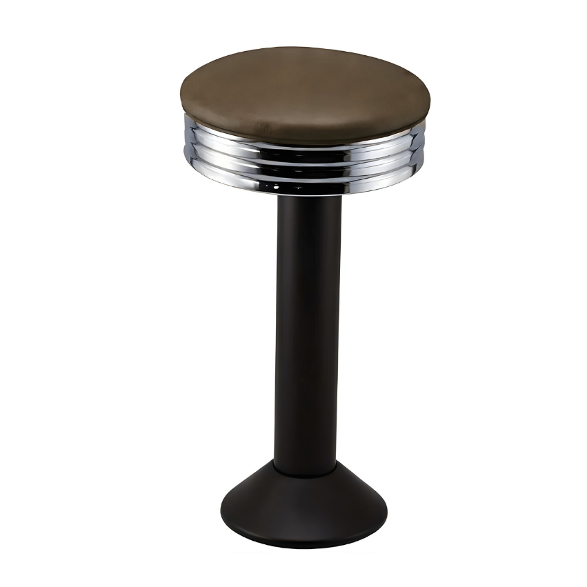 Porcini brown black Wentworth bolted bar stool featuring a minimal modern seat and a permanent floor-mounted metal base for enduring stability