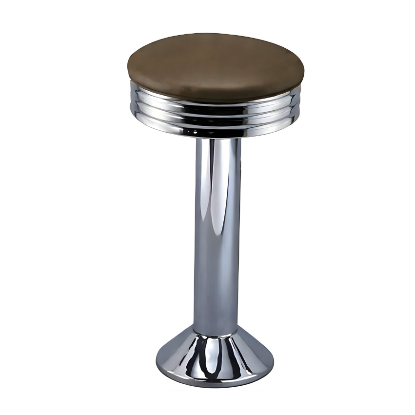Porcini brown chrome Wentworth bolted bar stool featuring a minimal modern seat and a permanent floor-mounted metal base for enduring stability