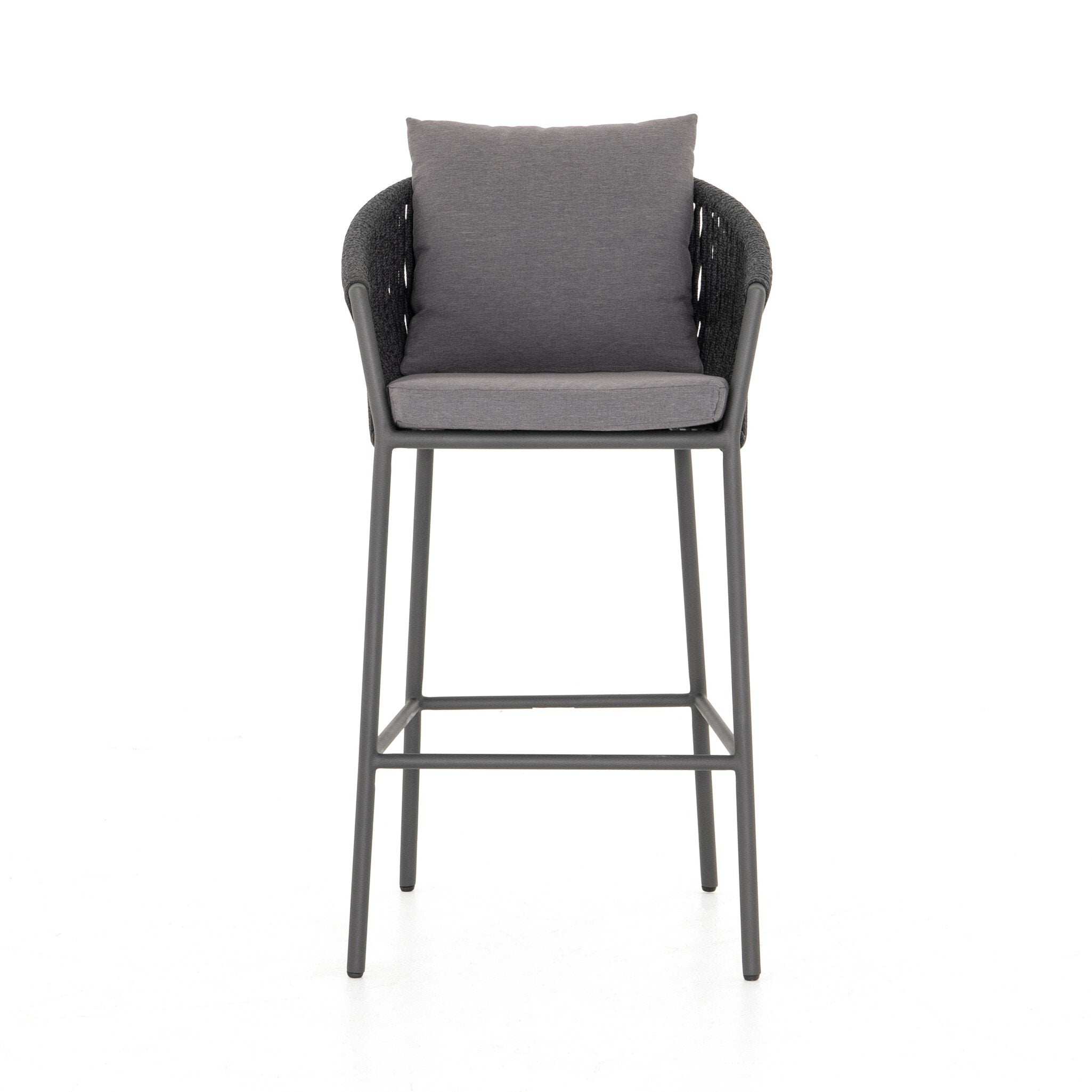 Porto Outdoor Bar Stool with a natural teak frame and weather-resistant grey rope-weave backrest