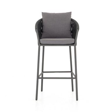 Porto Outdoor Bar Stool with a natural teak frame and weather-resistant grey rope-weave backrest