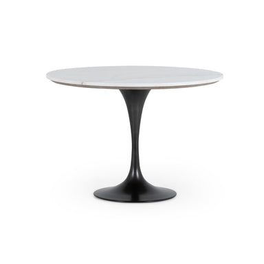 Powell 42-inch round dining table featuring a white marble top and a rustic black iron tulip pedestal base, mid-century modern bistro style for small dining spaces
