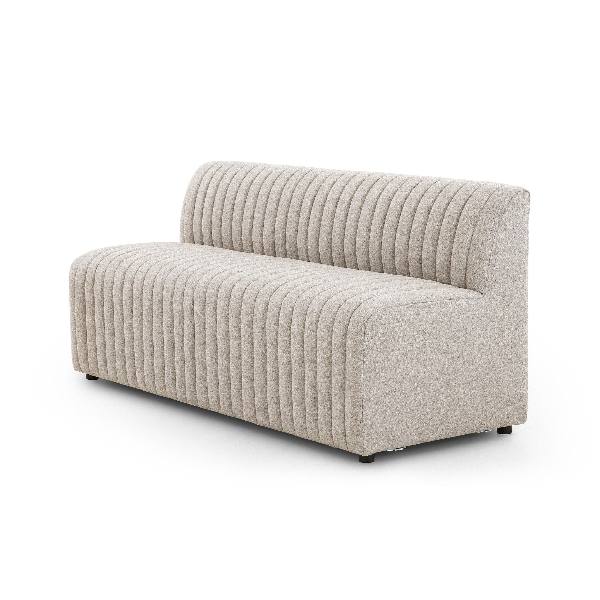 Angled Long Center Custom Augustine dining banquette in Orly Natural neutral performance fabric with high-back tufted detailing and wood base.