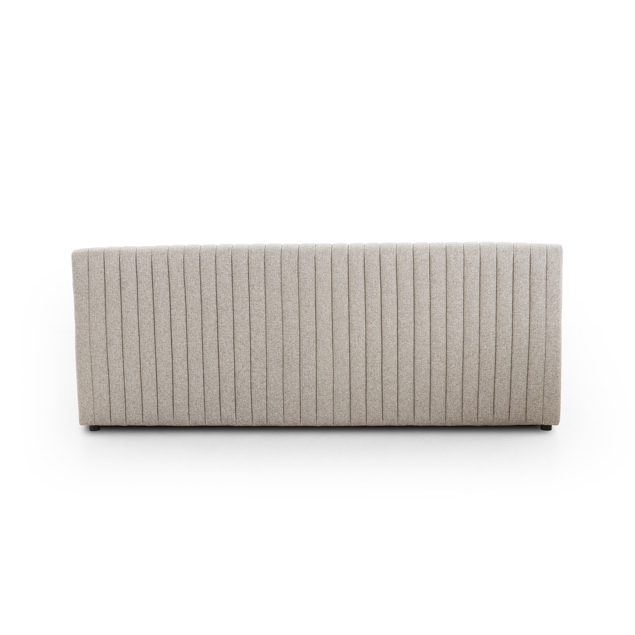 Back Center Custom Augustine dining banquette in Orly Natural neutral performance fabric with high-back tufted detailing and wood base.Center Custom Augustine dining banquette in Orly Natural neutral performance fabric with high-back tufted detailing and wood base.