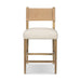 Cream upholstered counter stool with tan backrest and wooden frame