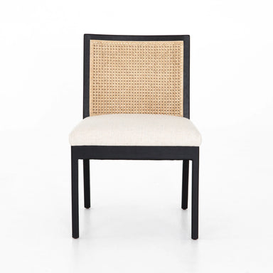Primary Retro-modern armless dining chair with vertical cane weaving and contract-grade upholstery for upscale restaurants