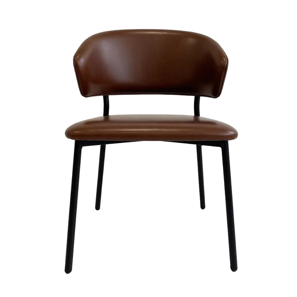 Side chair with brown upholstered seat and backrest, black four-leg base