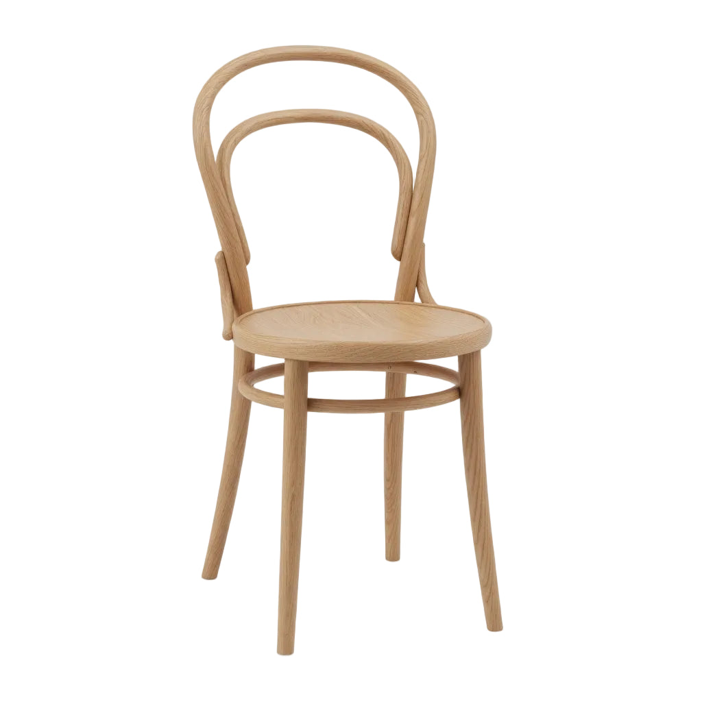 Astoria side chair in natural wood with curved back, round seat, and tapered legs.