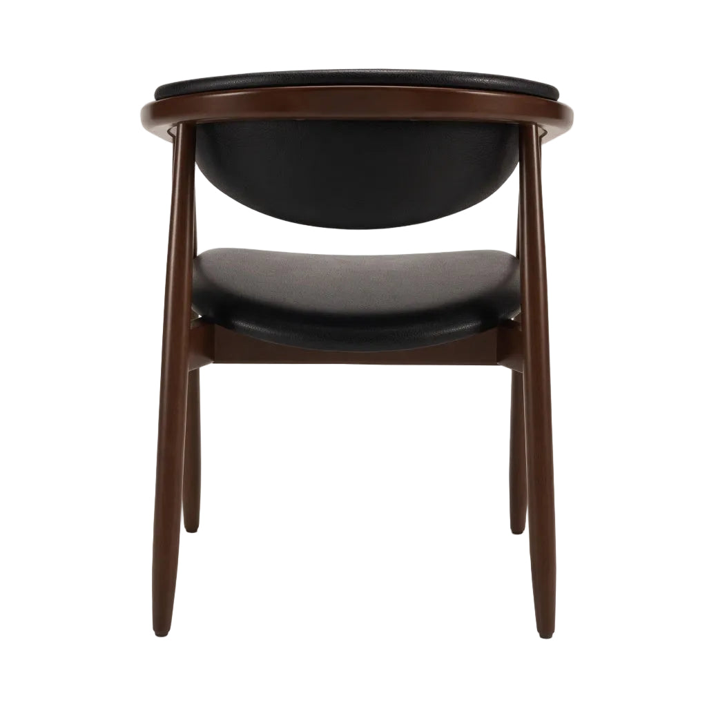 Dark brown side chair with black upholstered seat and rounded backrest, front view