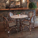 Set of four side chairs with brown wood frames and woven black-and-white seats