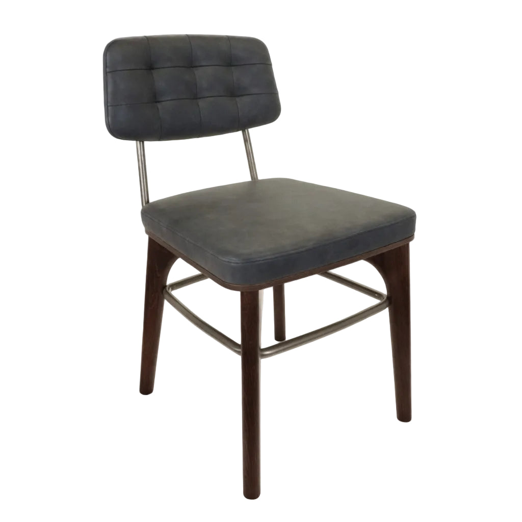 Dark gray upholstered side chair with tufted back and metal base