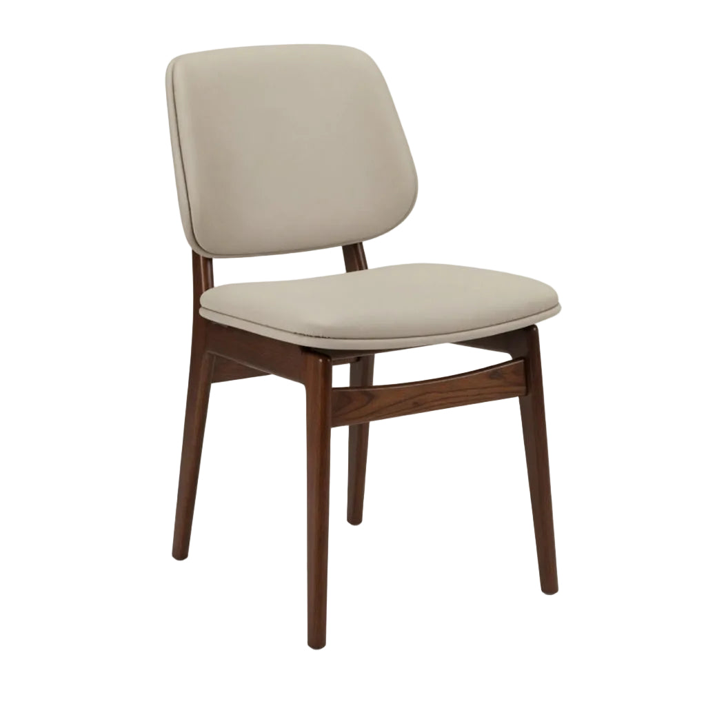 Upholstered side chair with light beige seat and back, dark wood frame and legs