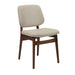 Upholstered side chair with light beige seat and back, dark wood frame and legs