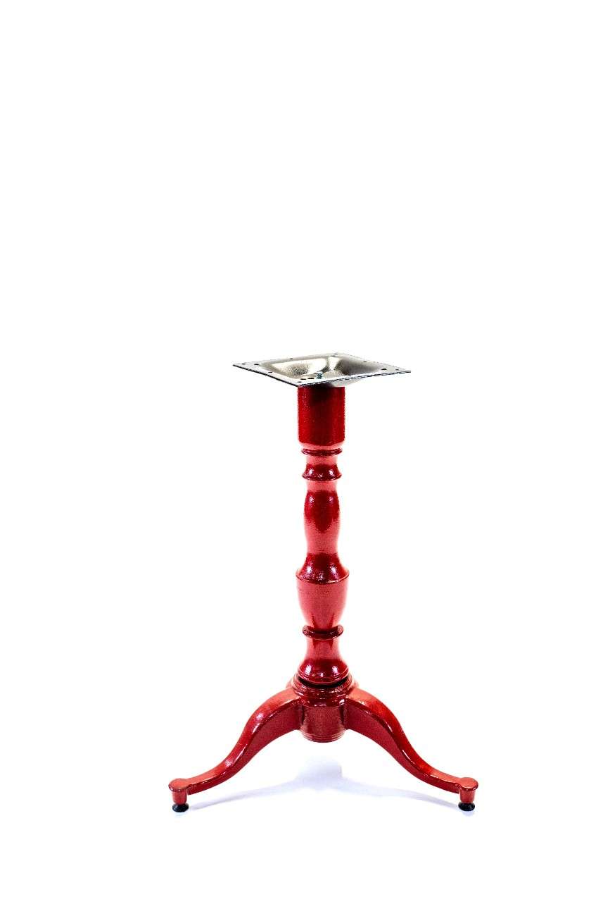 Red 3-leg table base with square top plate, turned column, tripod feet