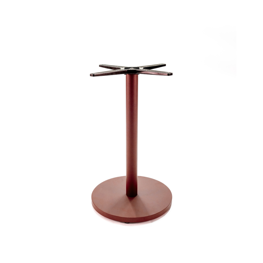 Red powder coat finish on a heavy-duty steel table base with 3M Scotchkote protection 