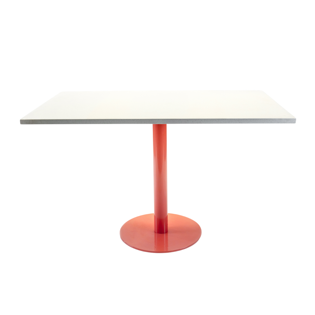 Red powder coat finish on a heavy-duty steel table base with 3M Scotchkote protection with table top