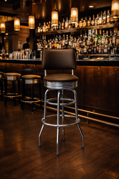 Restaurant Scene Belmont Double Ring Bar Stool by Social Design Supply Co: A vintage-inspired commercial bar stool with a padded backrest and chrome double-ring base for upscale hospitality seating