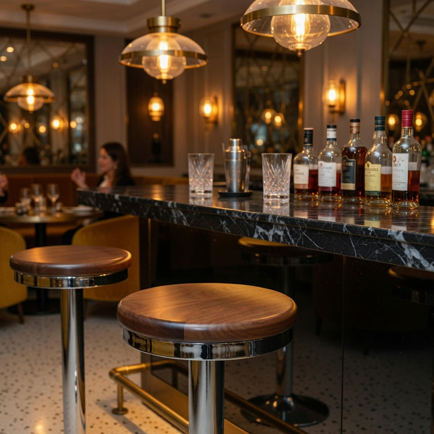 Restaurant interior Chrome bolted bar stool featuring a walnut wood seat and a permanent floor-mounted metal base for grounded stability