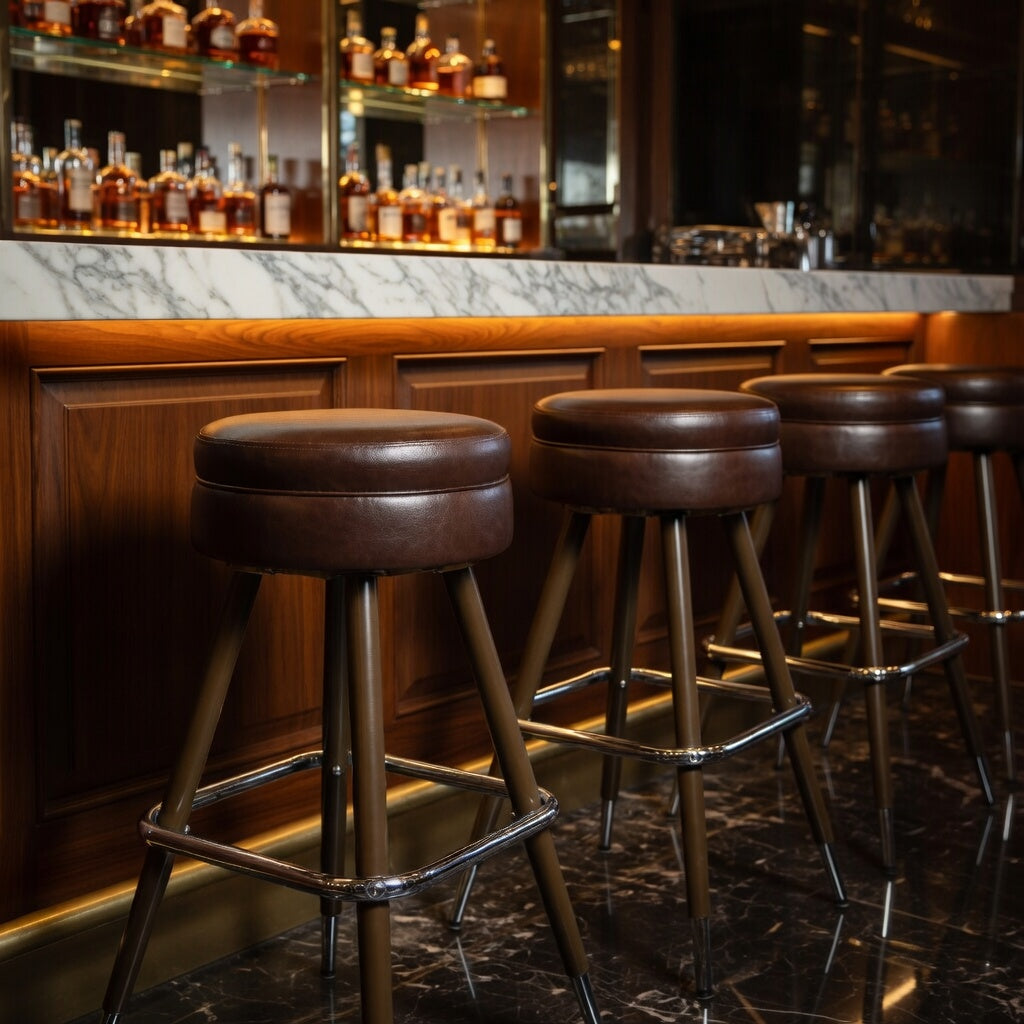 Set of brown bar stools with round padded seats, chrome footrests, turned legs