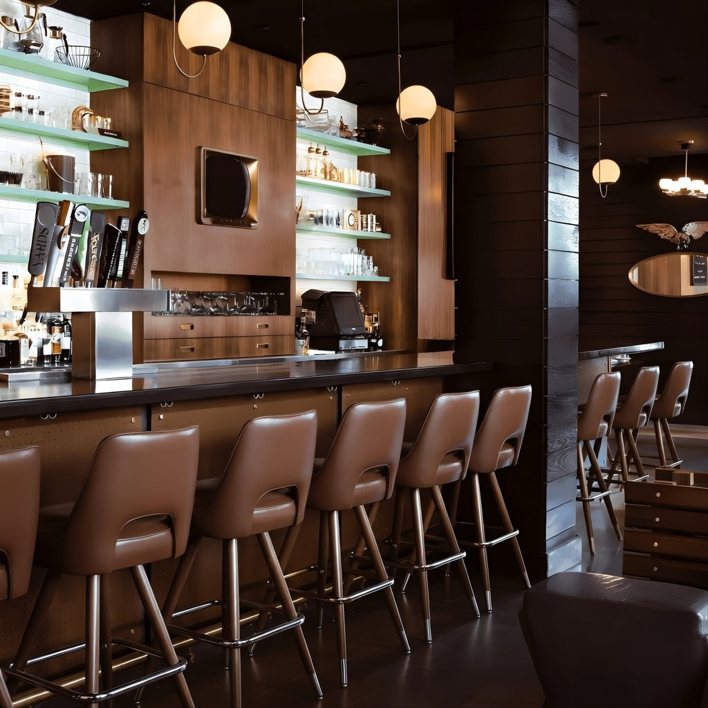 Restaurant view Porcini Brown Celine modern bar stool featuring a sculptural cutout back and a softly cushioned upholstered seat with a minimalist wood frame