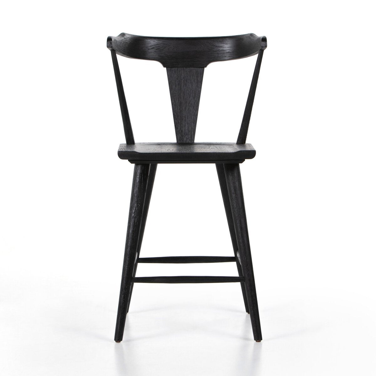 Black oak counter stool with curved back and vertical slatted frame, built-in footrest