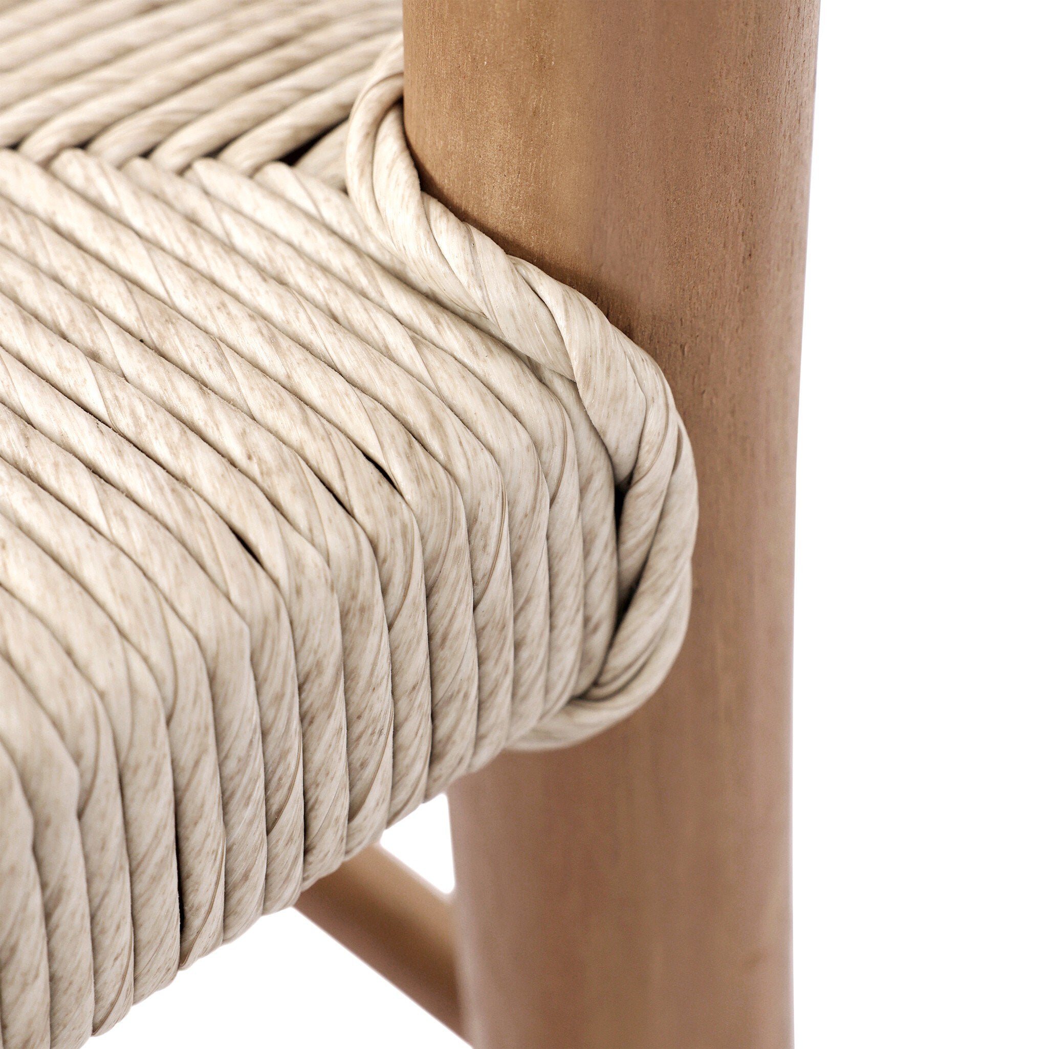 Rope and Leg Detail Lomas Outdoor Dining Armchair in Vintage White woven wicker with a tapered natural teak frame