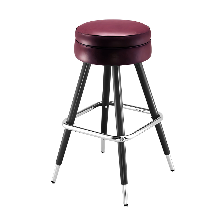 Rouge upholstered bar stool with black legs and chrome footrest