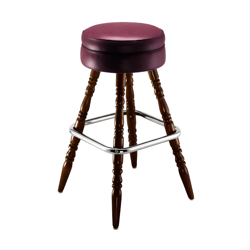 Rouge upholstered bar stool with dark brown turned legs and chrome footrest