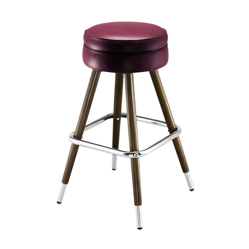 Rouge upholstered bar stool with brass-toned legs and chrome footrest