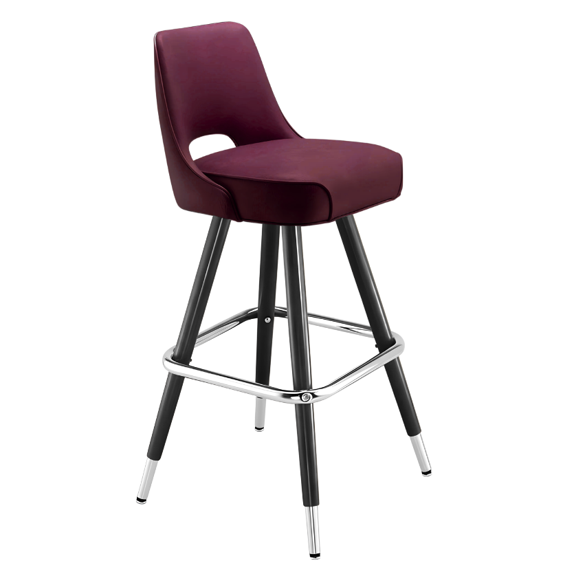 Rouge Maroon Celine modern bar stool featuring a sculptural cutout back and a softly cushioned upholstered seat with a minimalist black metal frame