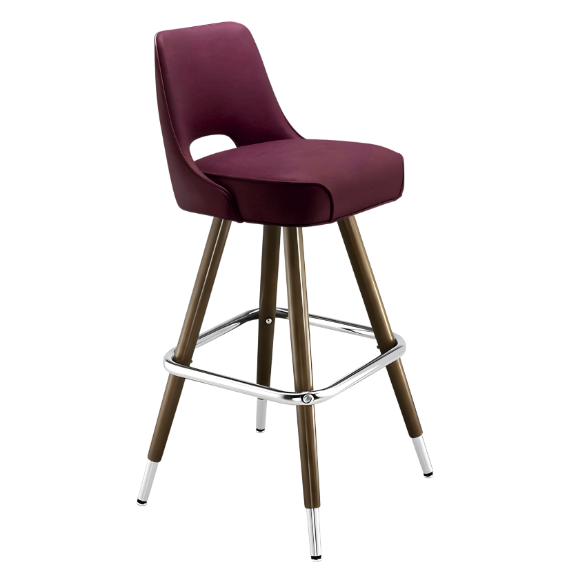 Rouge Maroon Celine modern bar stool featuring a sculptural cutout back and a softly cushioned upholstered seat with a minimalist wood metal frame