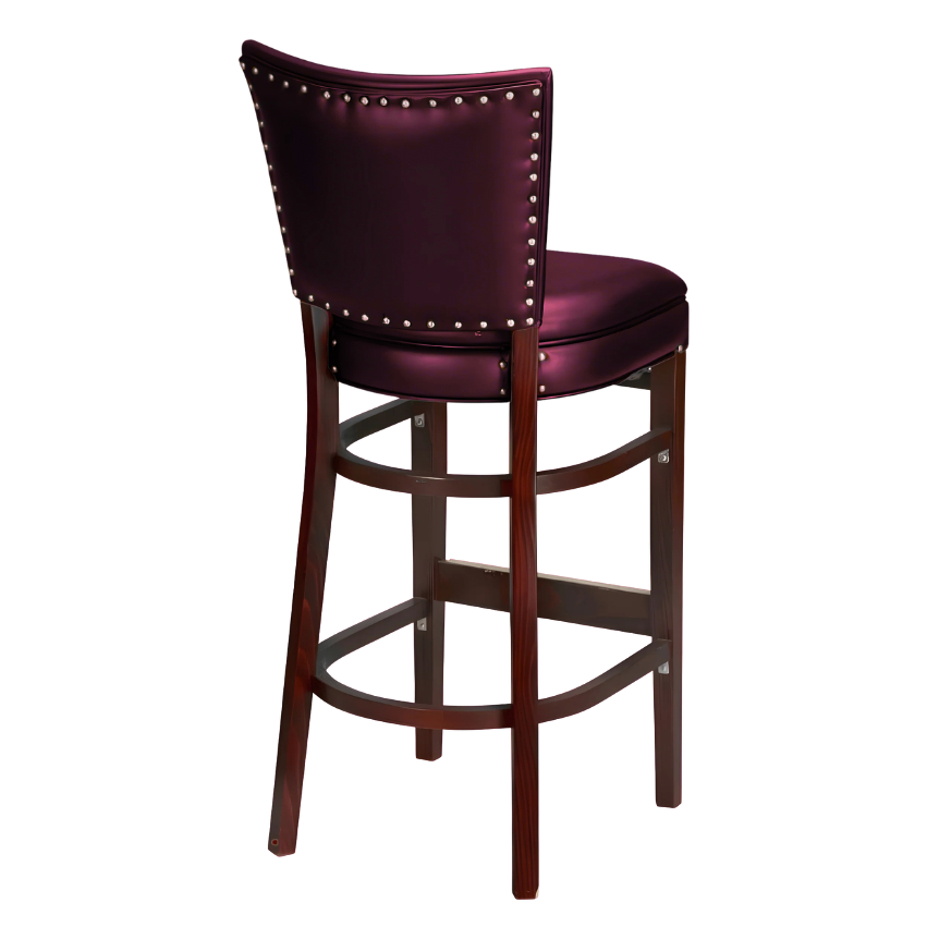 Rouge Maroon Compact modern bar stool featuring a tailored padded seat and a slim architectural wood frame with contract-grade durability