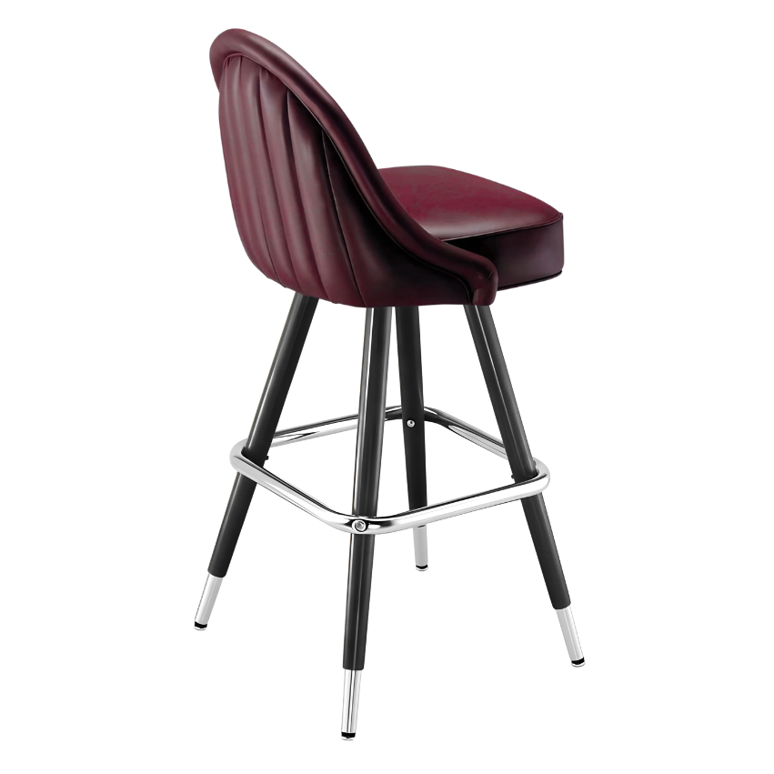 Rouge Maroon Marque Signature bar stool featuring a sweeping curved backrest and a refined upholstered seat with a sturdy black metal frame