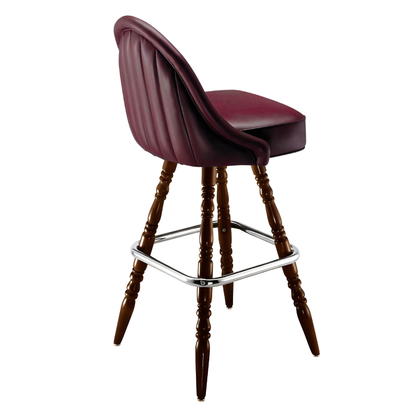 Rouge Maroon Marque Signature bar stool featuring a sweeping curved backrest and a refined upholstered seat with a sturdy wood frame