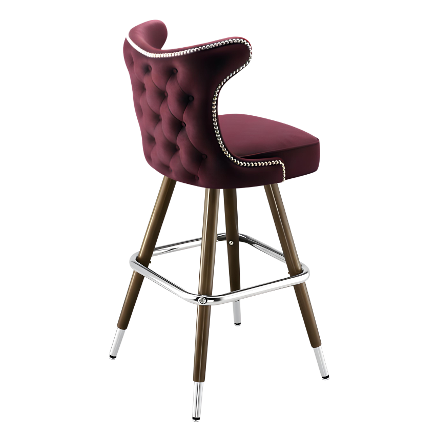 Rouge Maroon Prescott Cowboy bar stool featuring classic button tufting and a 90-degree auto-return wood metal swivel base with performance upholstery