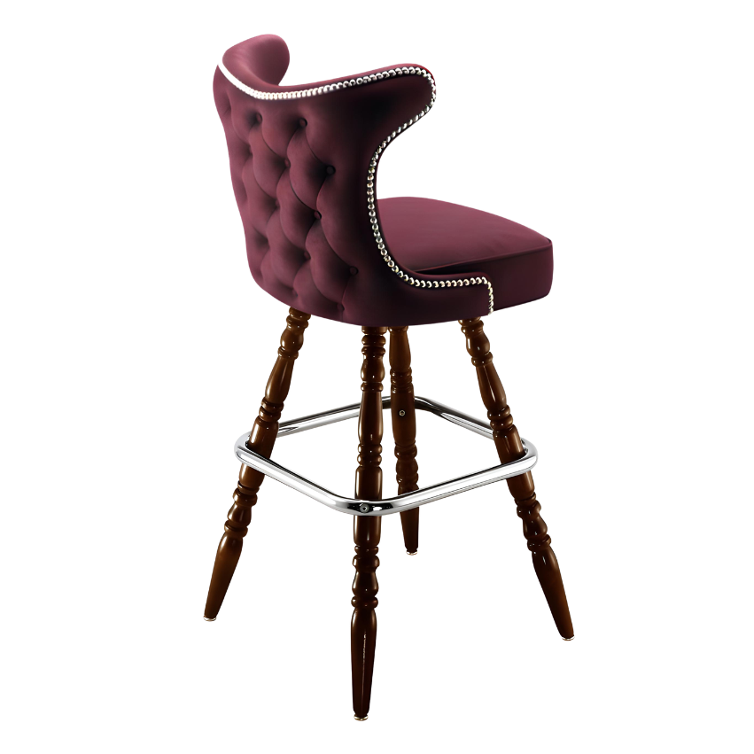 Rouge Maroon Prescott Cowboy bar stool featuring classic button tufting and a 90-degree auto-return wood swivel base with performance upholstery