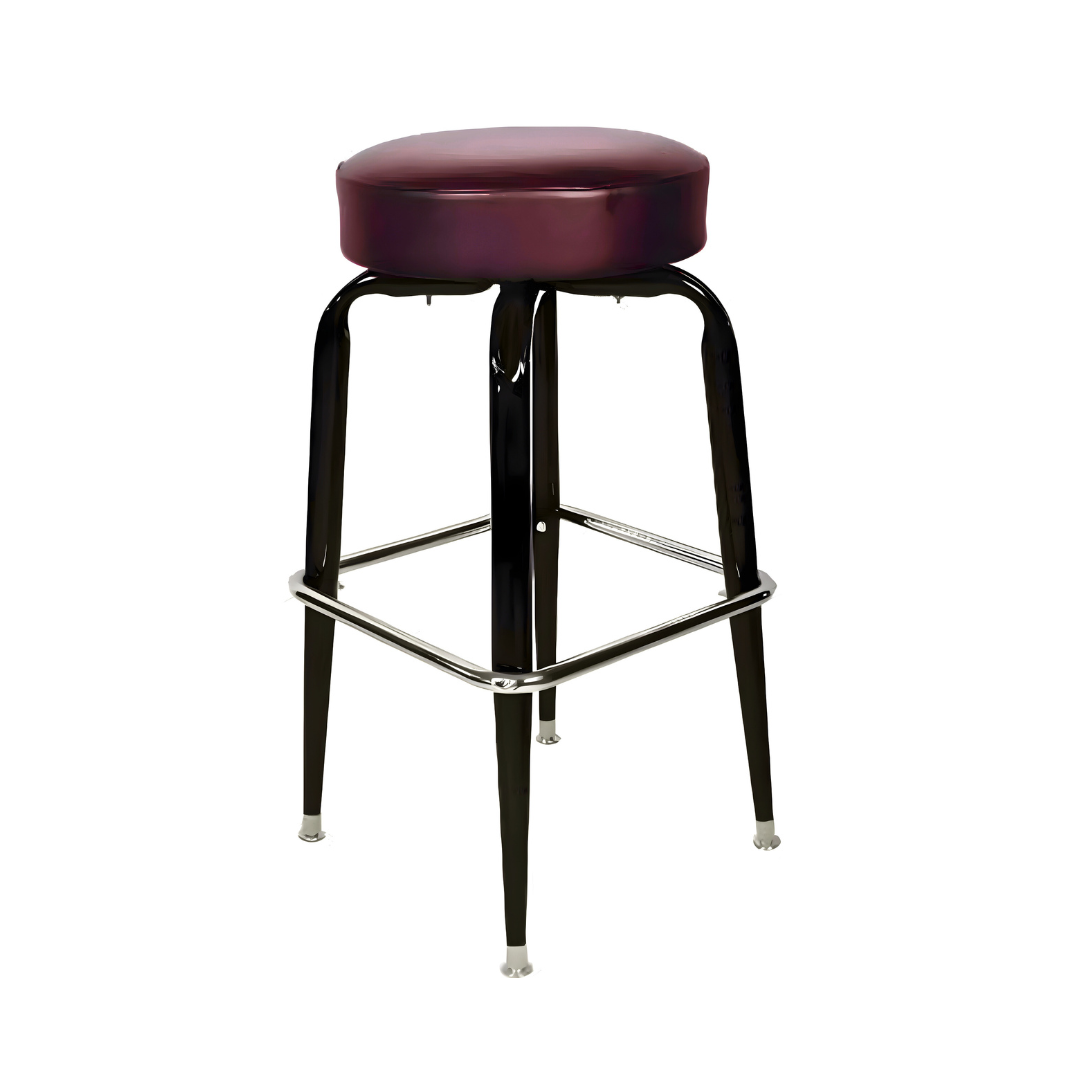 Rouge Maroon Red Crossover Bar Stool by Social Design Supply Co: A modern sculptural steel bar stool with a padded round seat and refined architectural frame for upscale hospitality bars