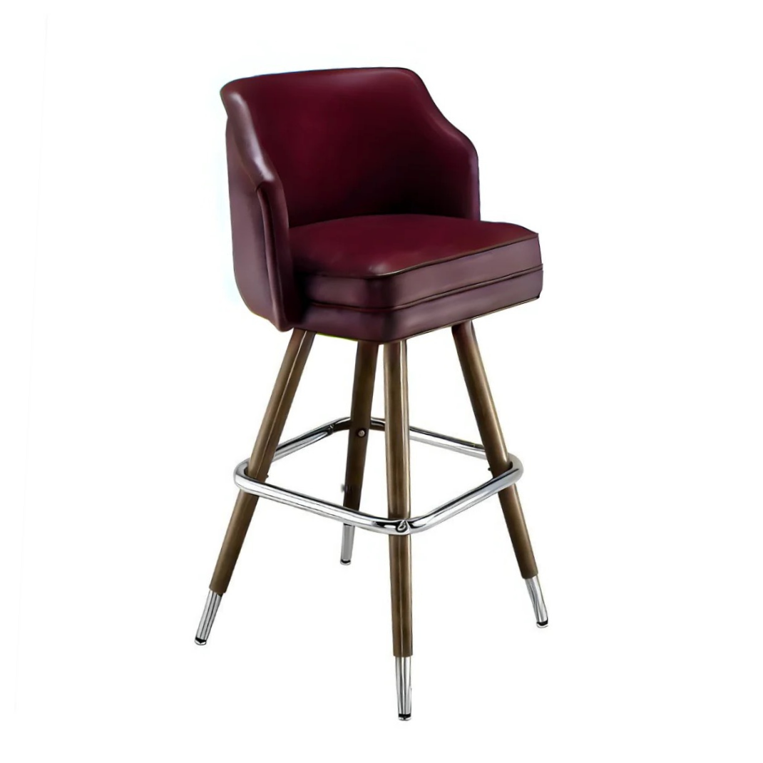 Rouge Maroon Tufted square modern bar stool featuring performance upholstery seat with brown metal and silver metal legs