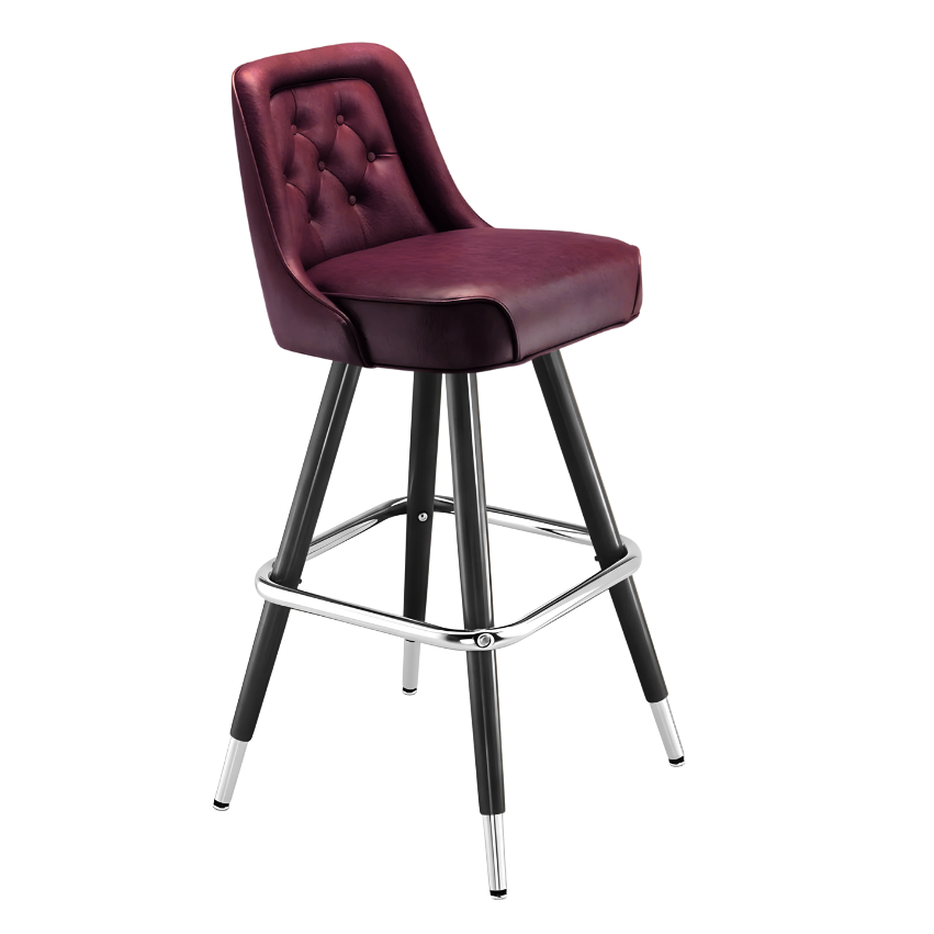 Rouge Red Royale Diamond bar stool featuring an inner-back diamond tufted design and a softly curved upholstered seat with a sturdy black metal frame
