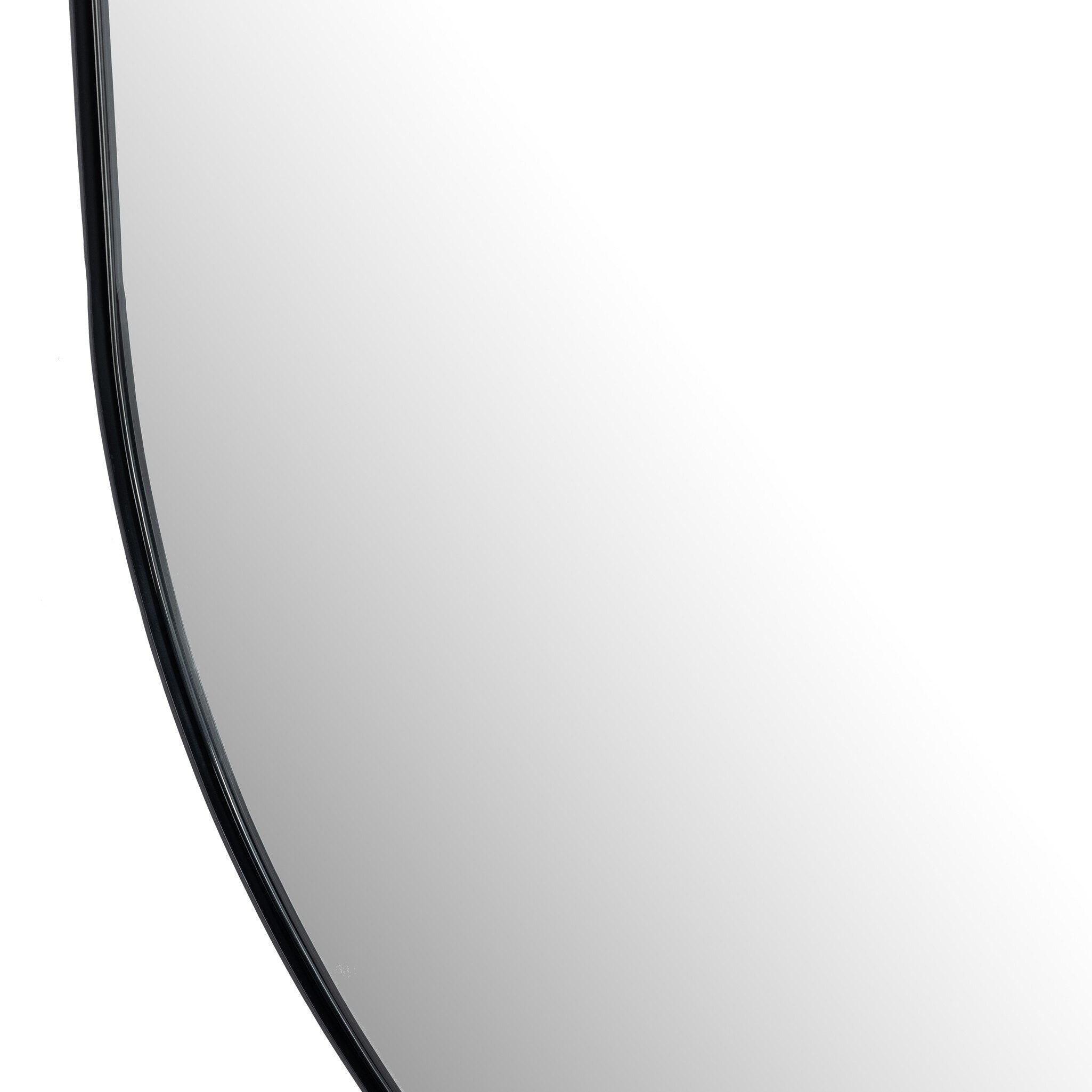 Rounded corner detail Chico 50-inch wide arch wall mirror with a vertical antiqued iron suspension bar