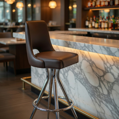 SDSC Sterling Commercial Grade Brown leather bar stool in front of a marble bar counter with a blurred bar setting in the background