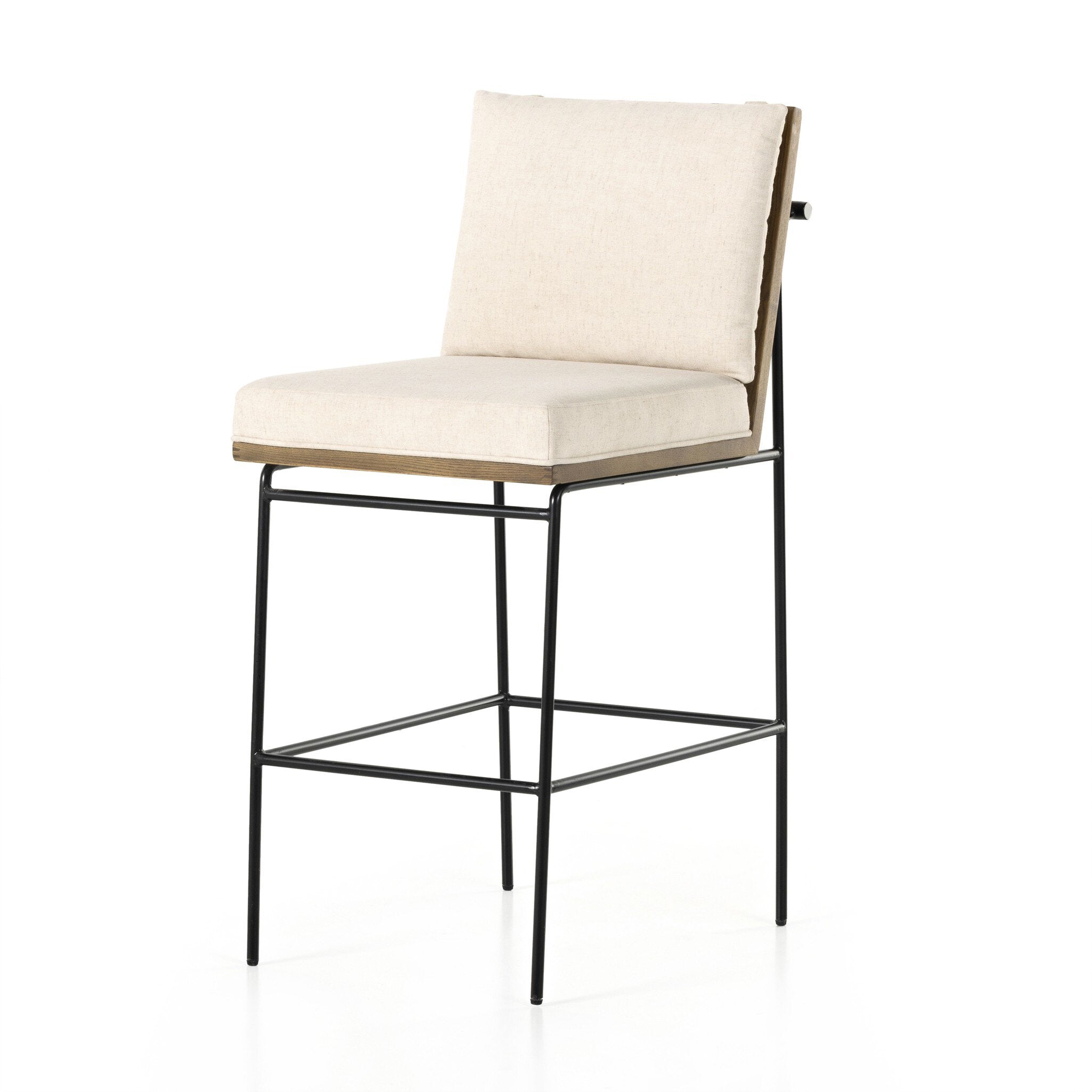 Bar stool with light seat cushion, black metal frame and side backrest knob