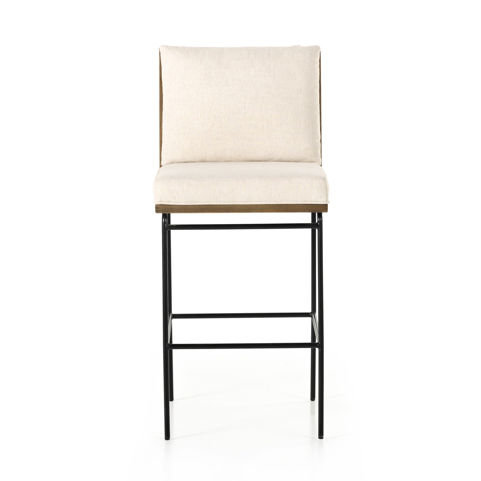 Bar stool with light linen-look cushion, black metal frame and footrest