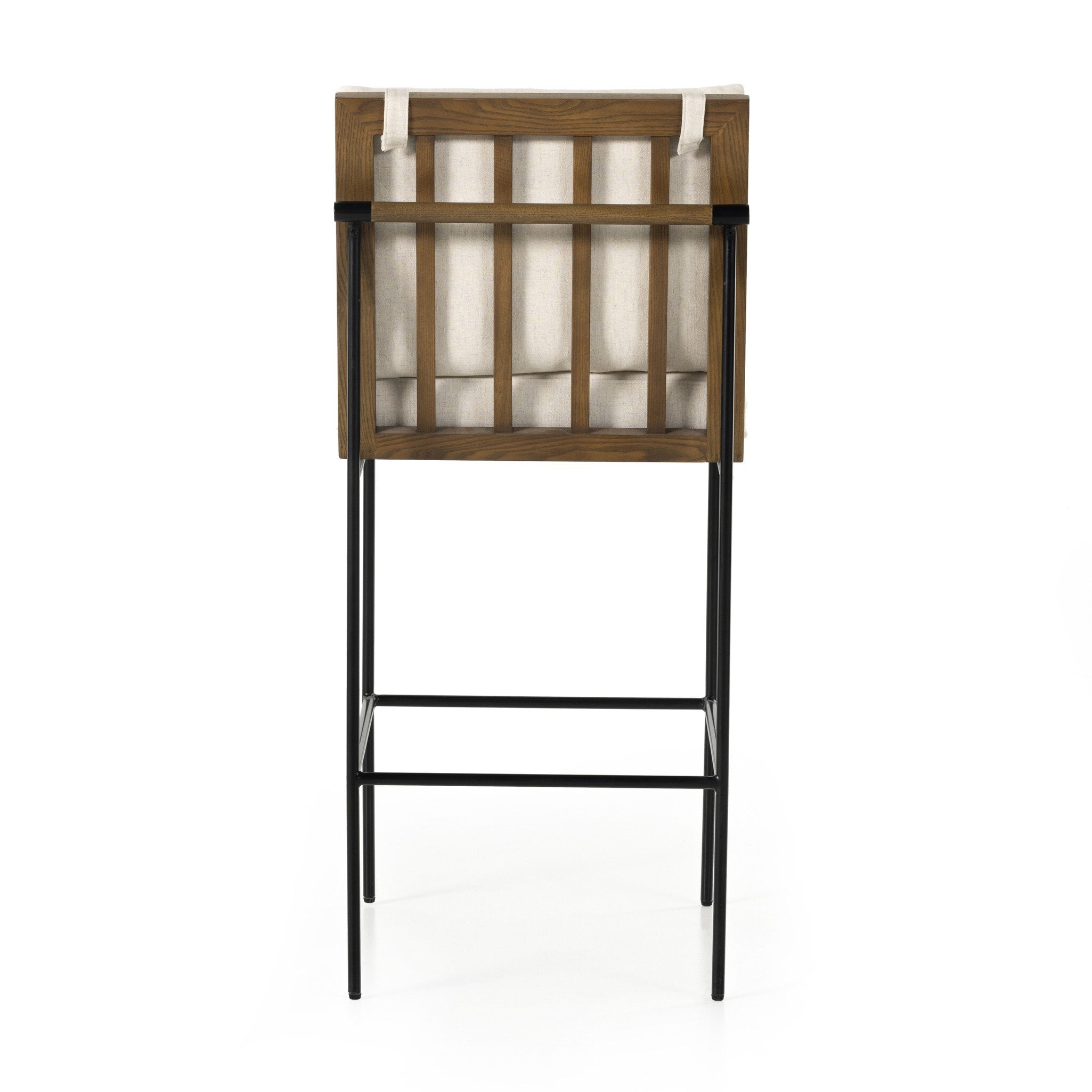 Bar stool with light cushion and vertical back slats, black frame and wood accents
