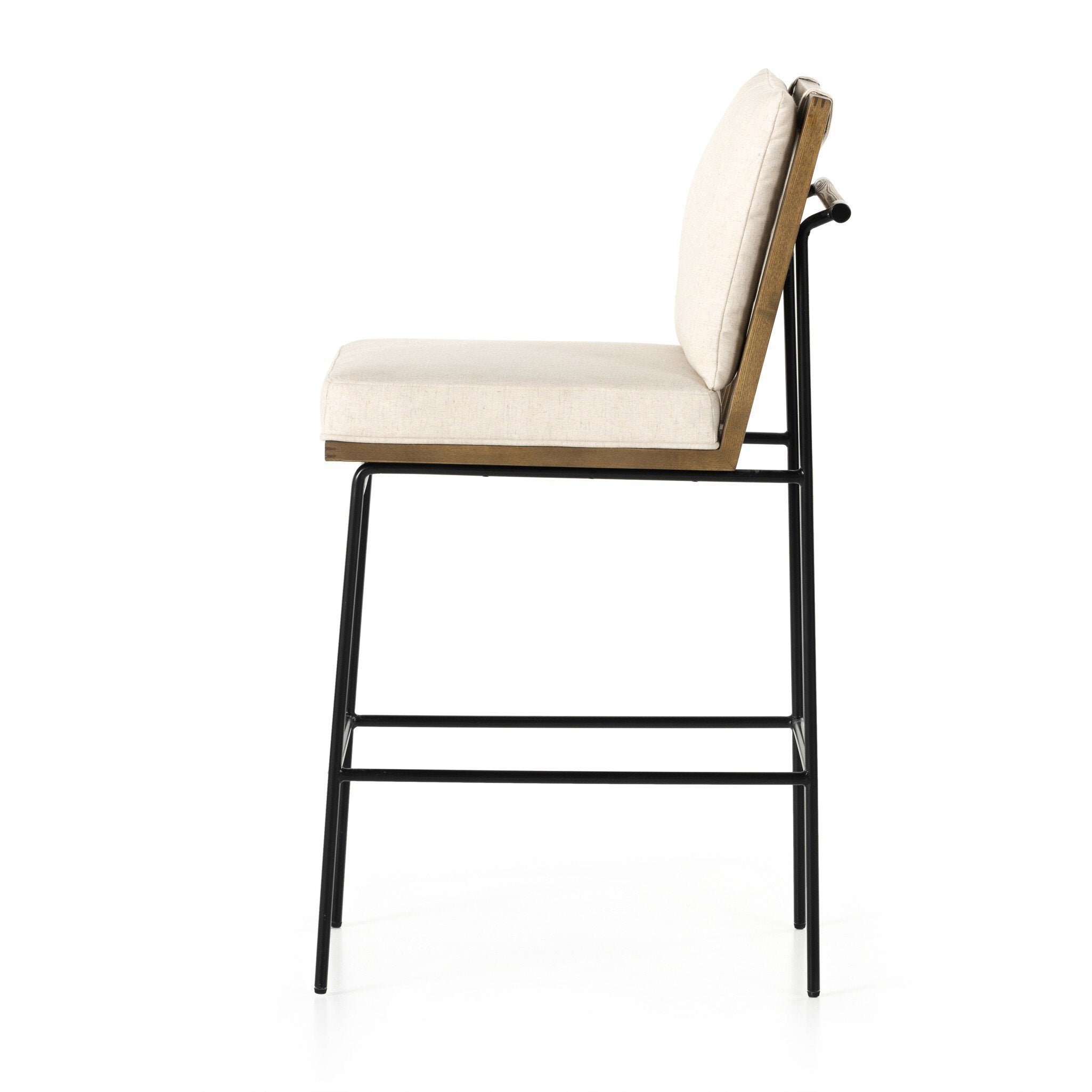 Bar stool with light cushion and backrest, black frame and angled seat profile