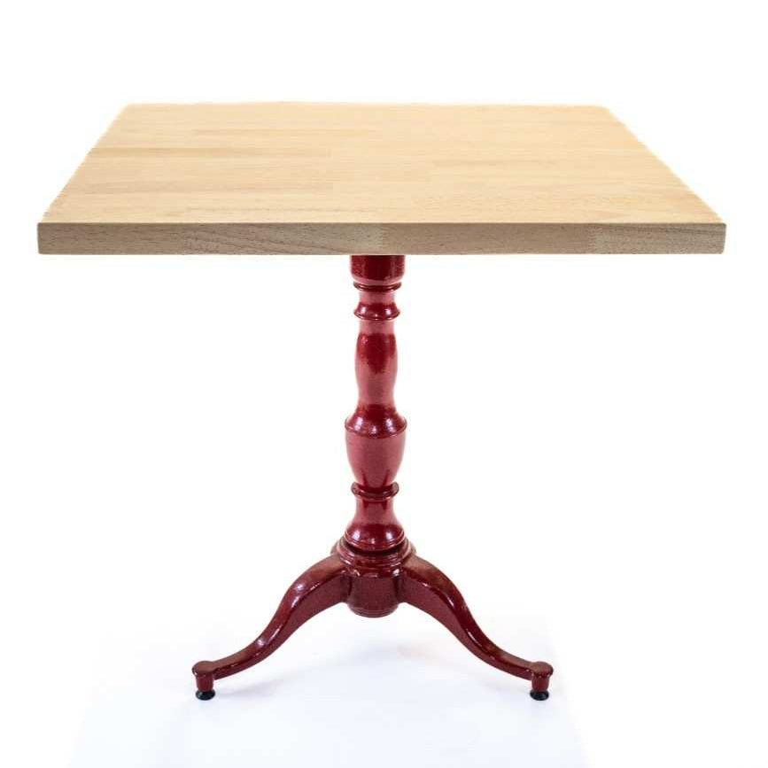 Red 3-leg table base with turned column, tripod legs, and leveling feet