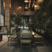 Dark gray upholstered side chairs with tufted backs and metal legs